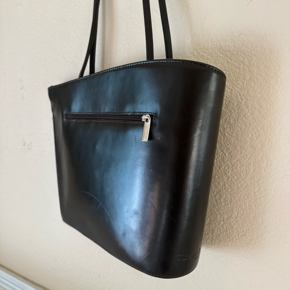 Tiffany & Fred Paris Dark Brown Leather Tote Bag Green Interior - Picture 8 of 12